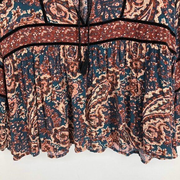 American Eagle Rustic colored Boho Retro Paisley Print Long Bell Sleeve Blouse M - Picture 6 of 16